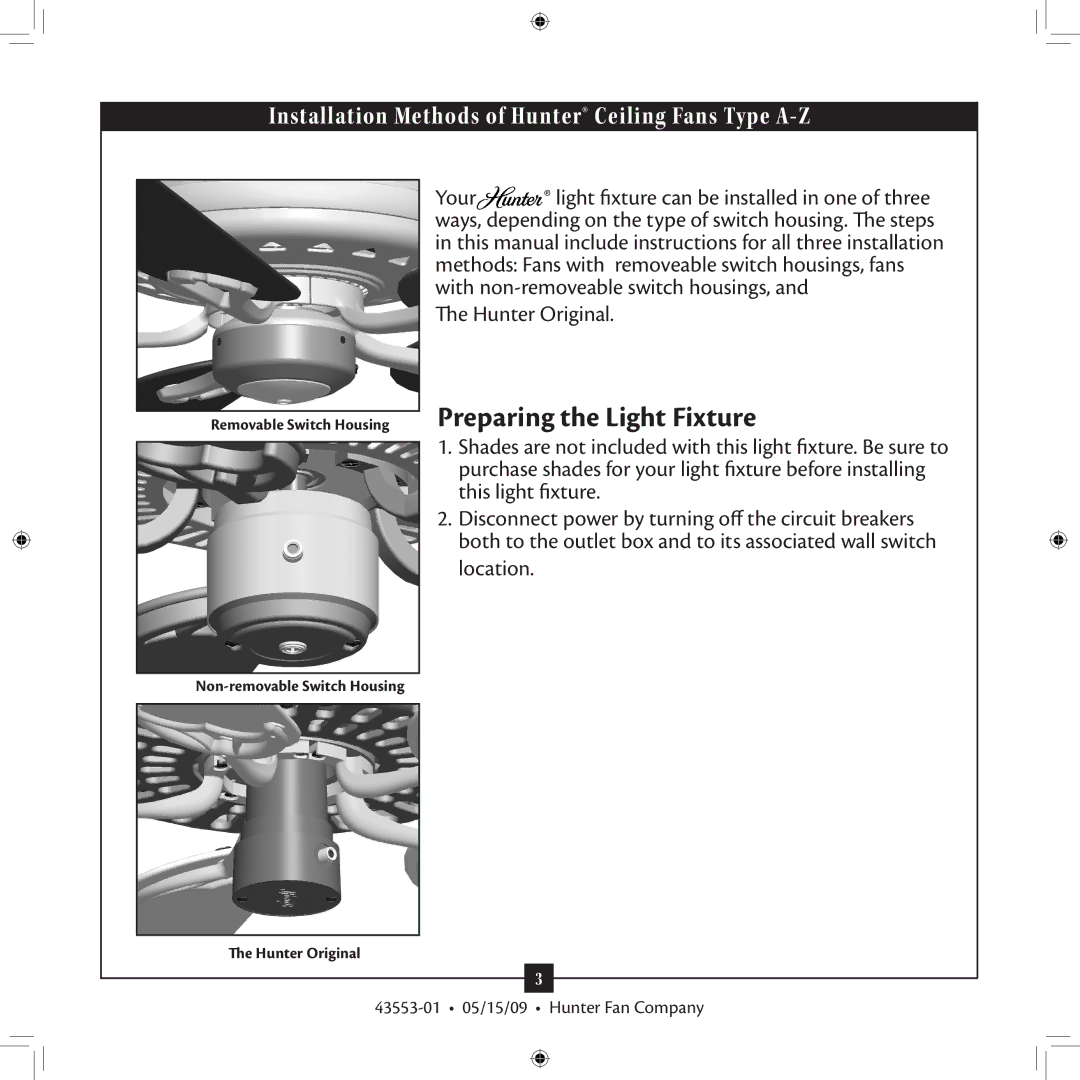 Hunter Fan 43553-01 installation manual Preparing the Light Fixture 