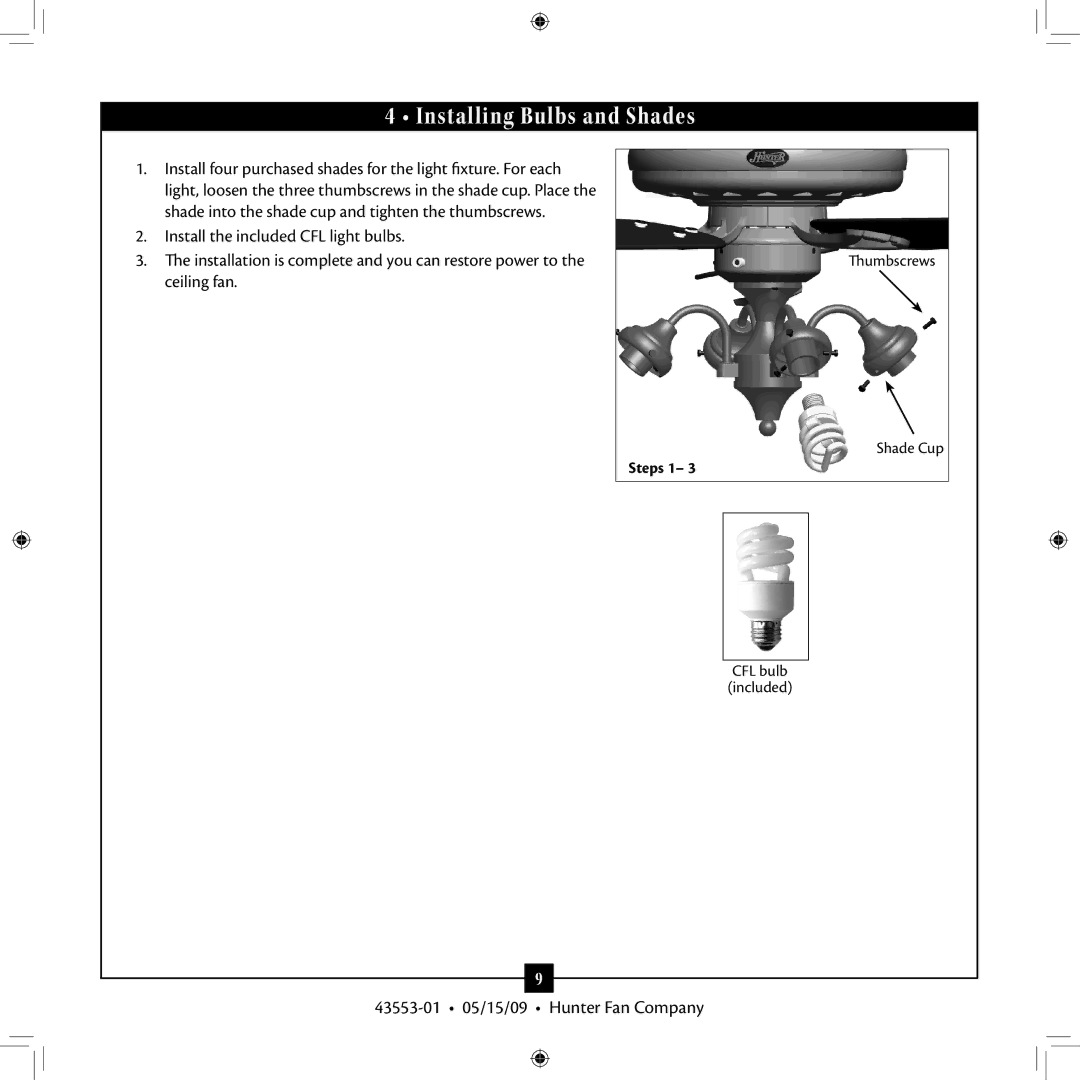 Hunter Fan 43553-01 installation manual Installing Bulbs and Shades 