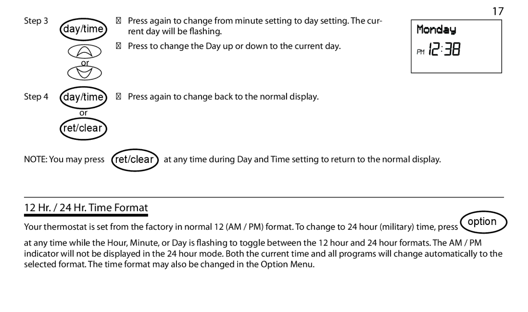 Hunter Fan 43665 manual Day/time Ret/clear, 12 Hr. / 24 Hr. Time Format 