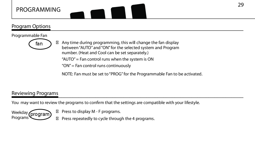 Hunter Fan 43665 manual Program Options, Fan, Reviewing Programs 