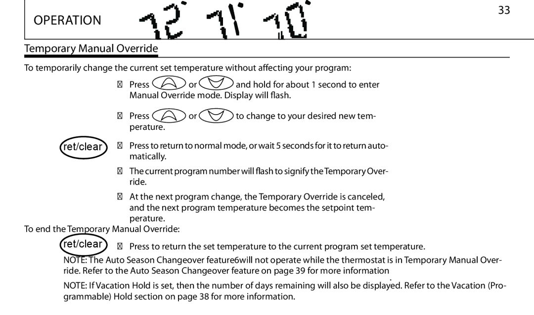 Hunter Fan 43665 manual Temporary Manual Override, Ret/clear 