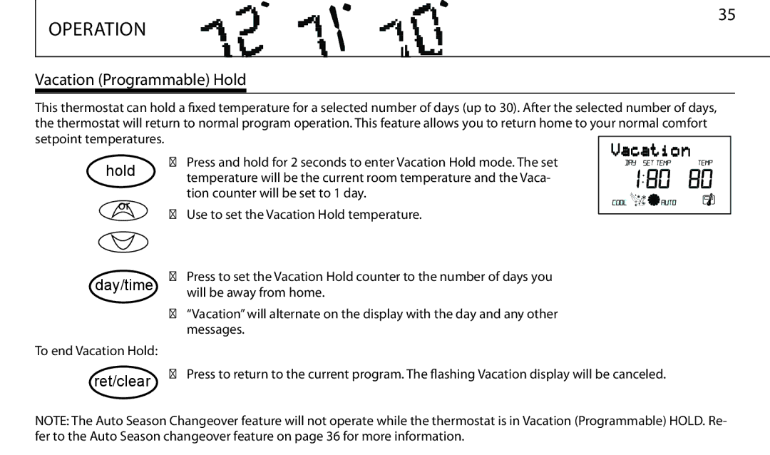 Hunter Fan 43665 manual Vacation Programmable Hold, Hold Day/time 