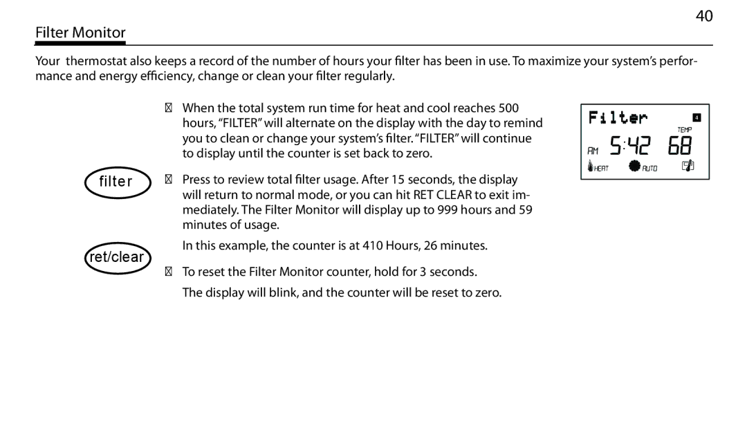 Hunter Fan 43665 manual Filter Monitor, Filter Ret/clear 