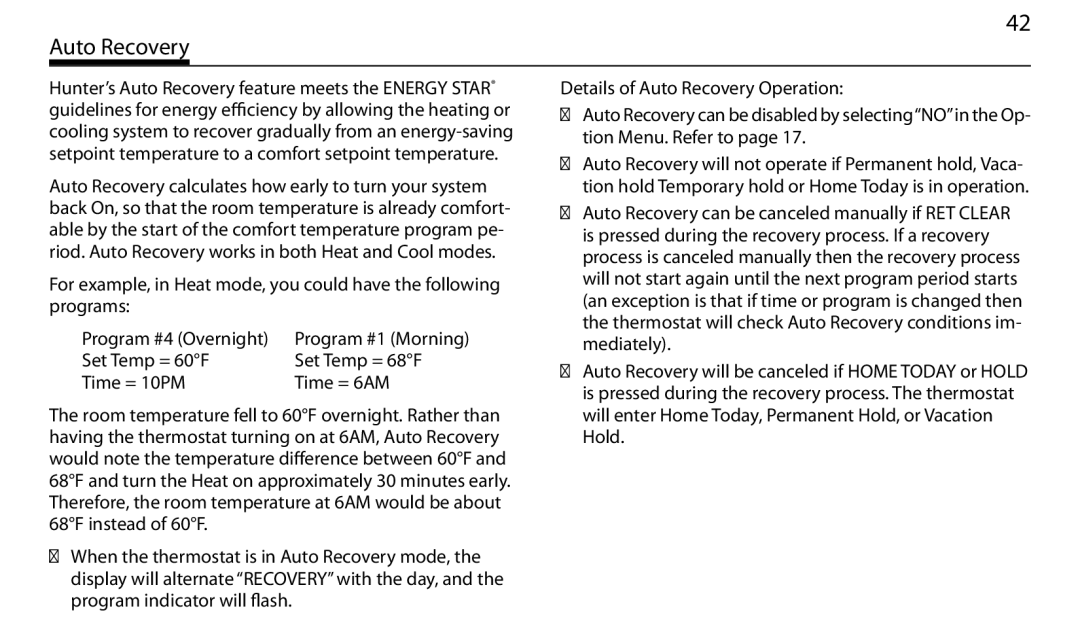 Hunter Fan 43665 manual Auto Recovery, Set Temp = 60F Set Temp = 68F Time = 10PM Time = 6AM 