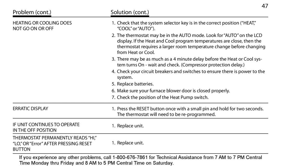 Hunter Fan 43665 Heating or Cooling does, Not GO on or OFF, Erratic Display, If Unit Continues to Operate, OFF Position 