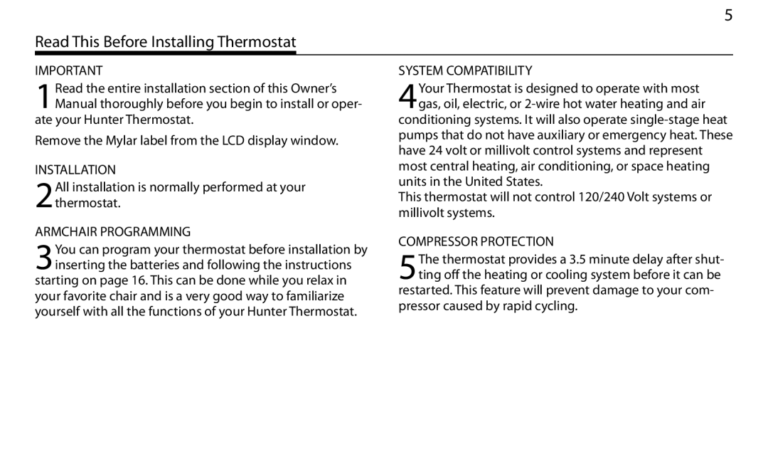 Hunter Fan 43665 Read This Before Installing Thermostat, Armchair Programming, System Compatibility, Compressor Protection 