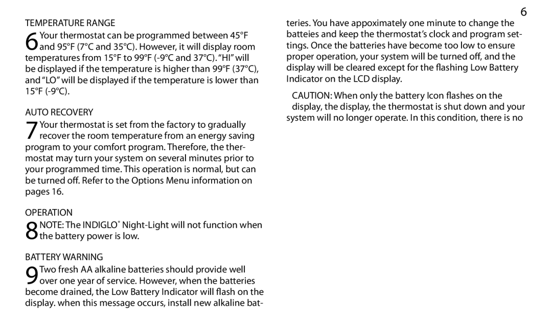 Hunter Fan 43665 manual Temperature Range, Auto Recovery, Operation, Battery Warning 