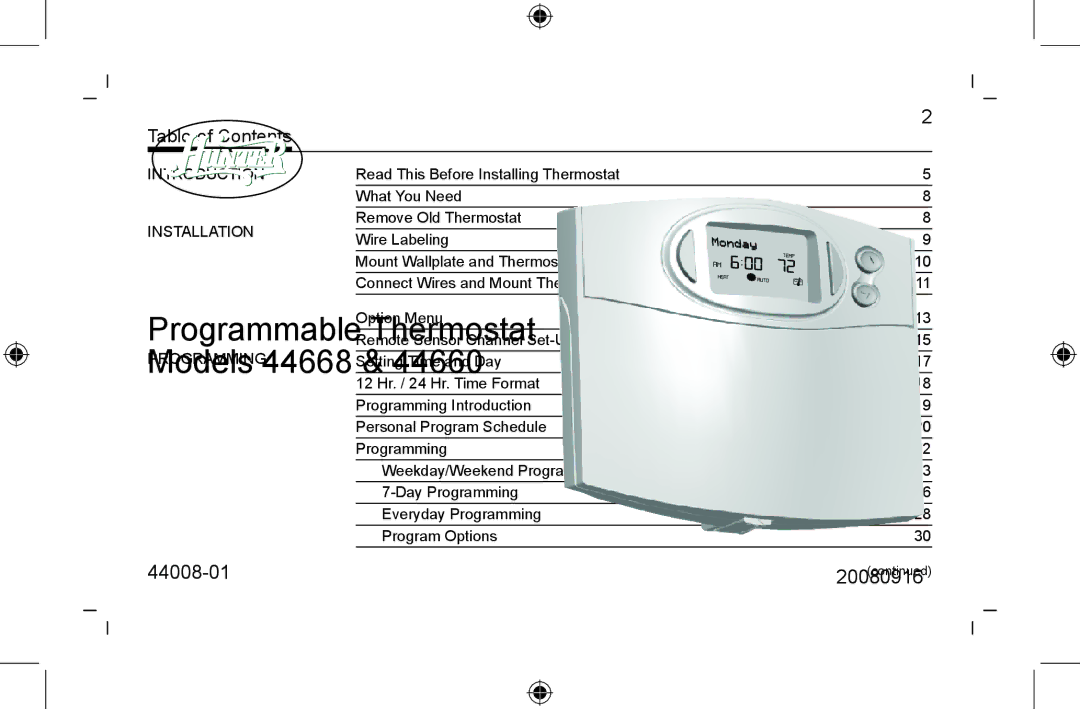 Hunter Fan 44008-01 manual Table of Contents 