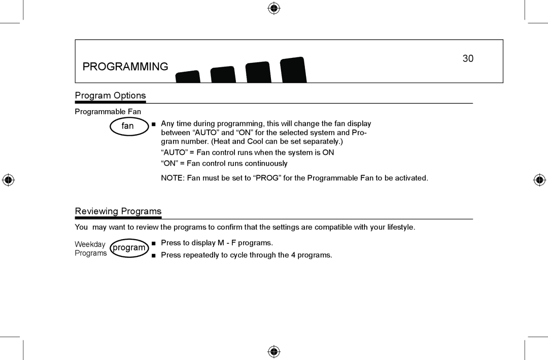 Hunter Fan 44008-01 manual Program Options, Fan, Reviewing Programs 