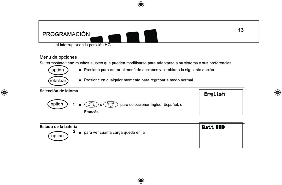 Hunter Fan 44008-01 manual Menú de opciones, Selección de idioma, Estado de la batería 