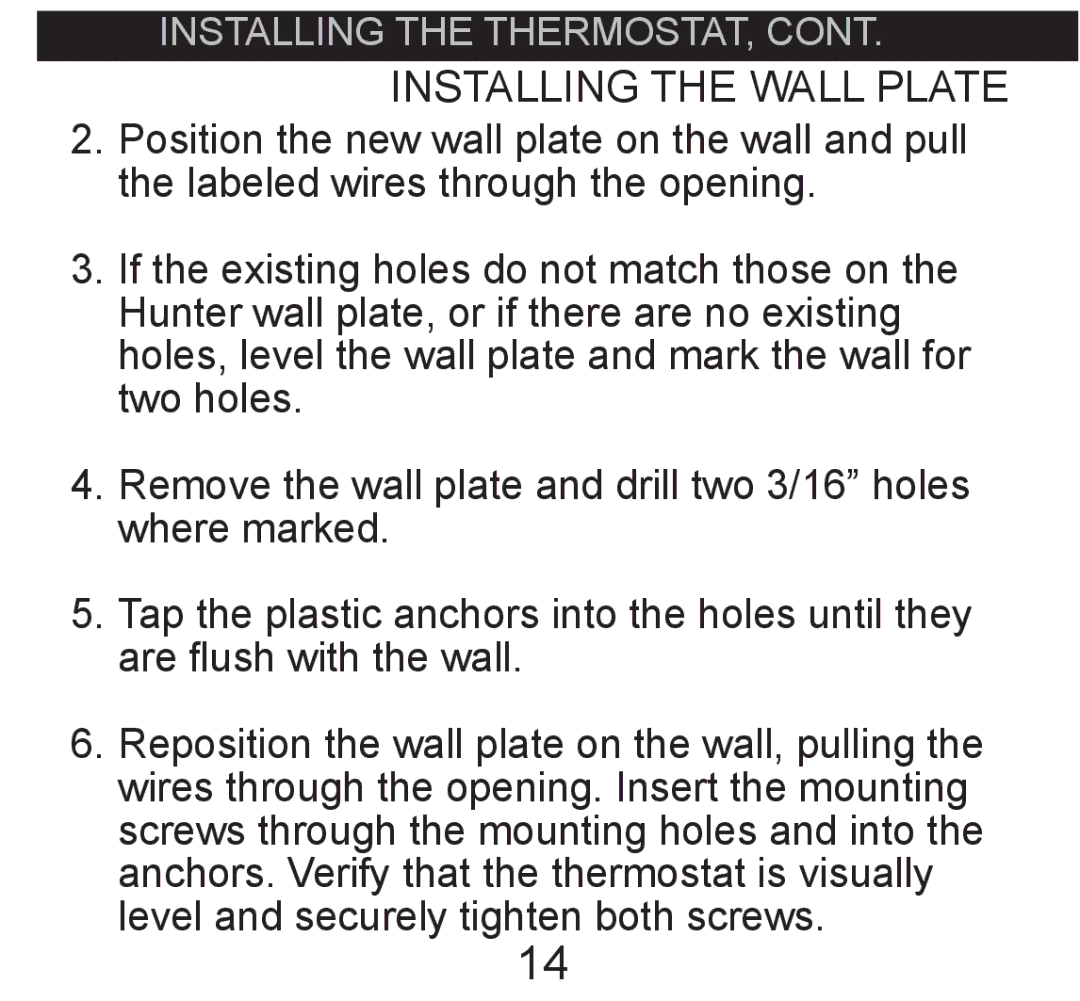 Hunter Fan 44017-01 operation manual Installing the Wall Plate 