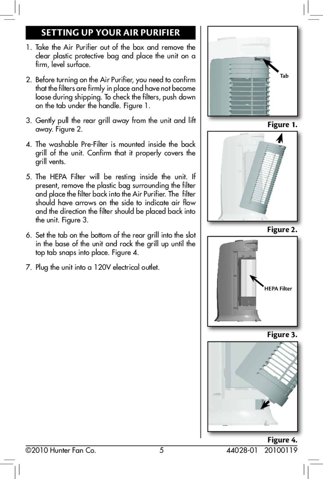 Hunter Fan 30841, 44028-01 owner manual Setting Up Your Air Purifier 