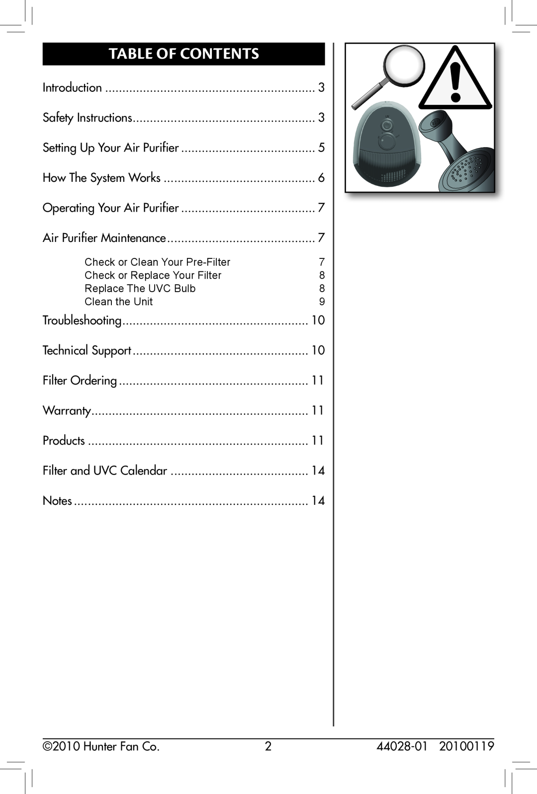 Hunter Fan 44028-01, 30841 owner manual Table of Contents 