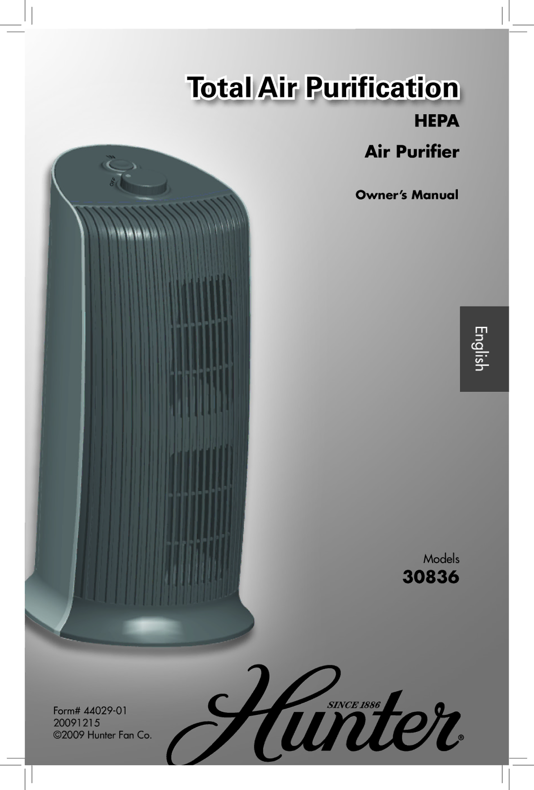 Hunter Fan 30836, 44029-01 owner manual Total Air Purification 