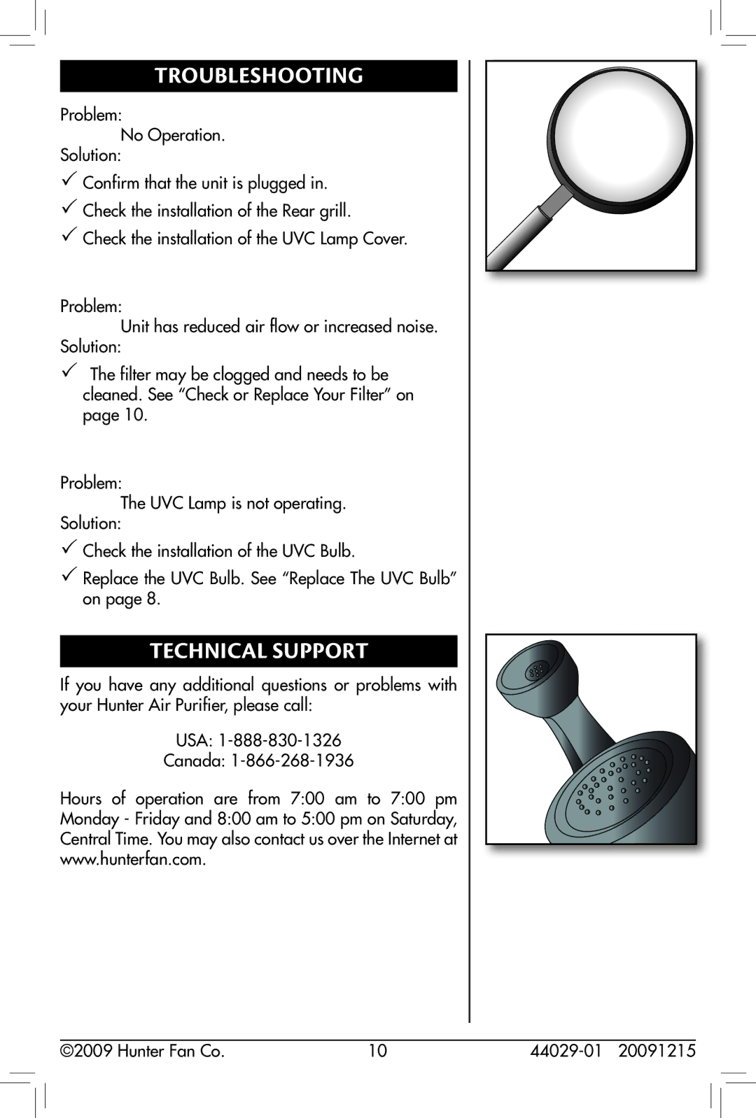 Hunter Fan 44029-01, 30836 owner manual Troubleshooting, Technical Support 