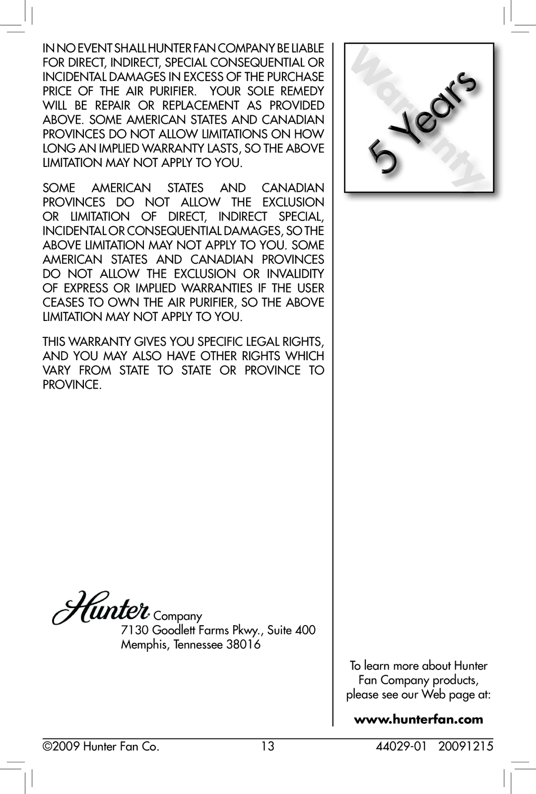 Hunter Fan 30836, 44029-01 owner manual 