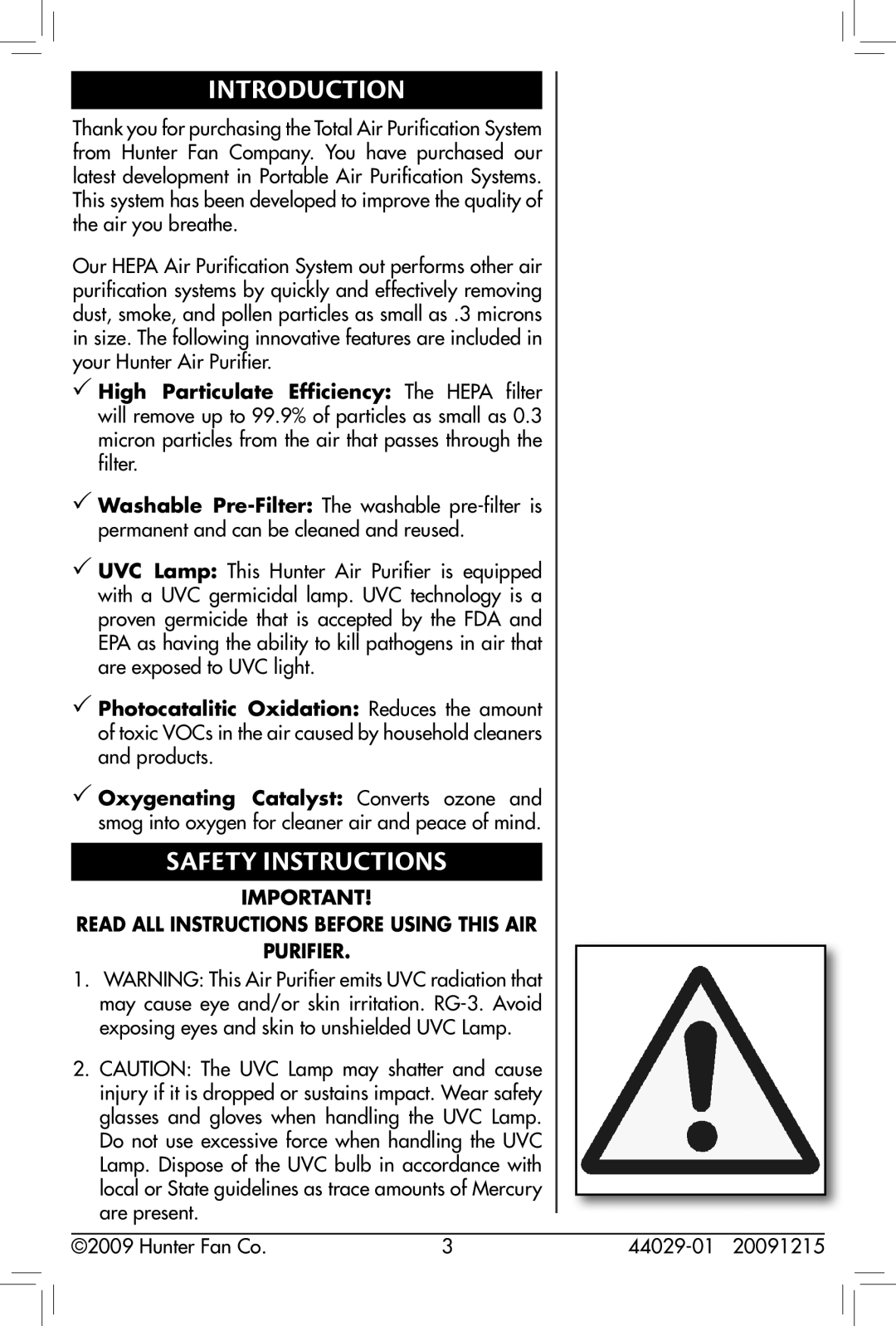 Hunter Fan 30836, 44029-01 owner manual Introduction, Safety Instructions 