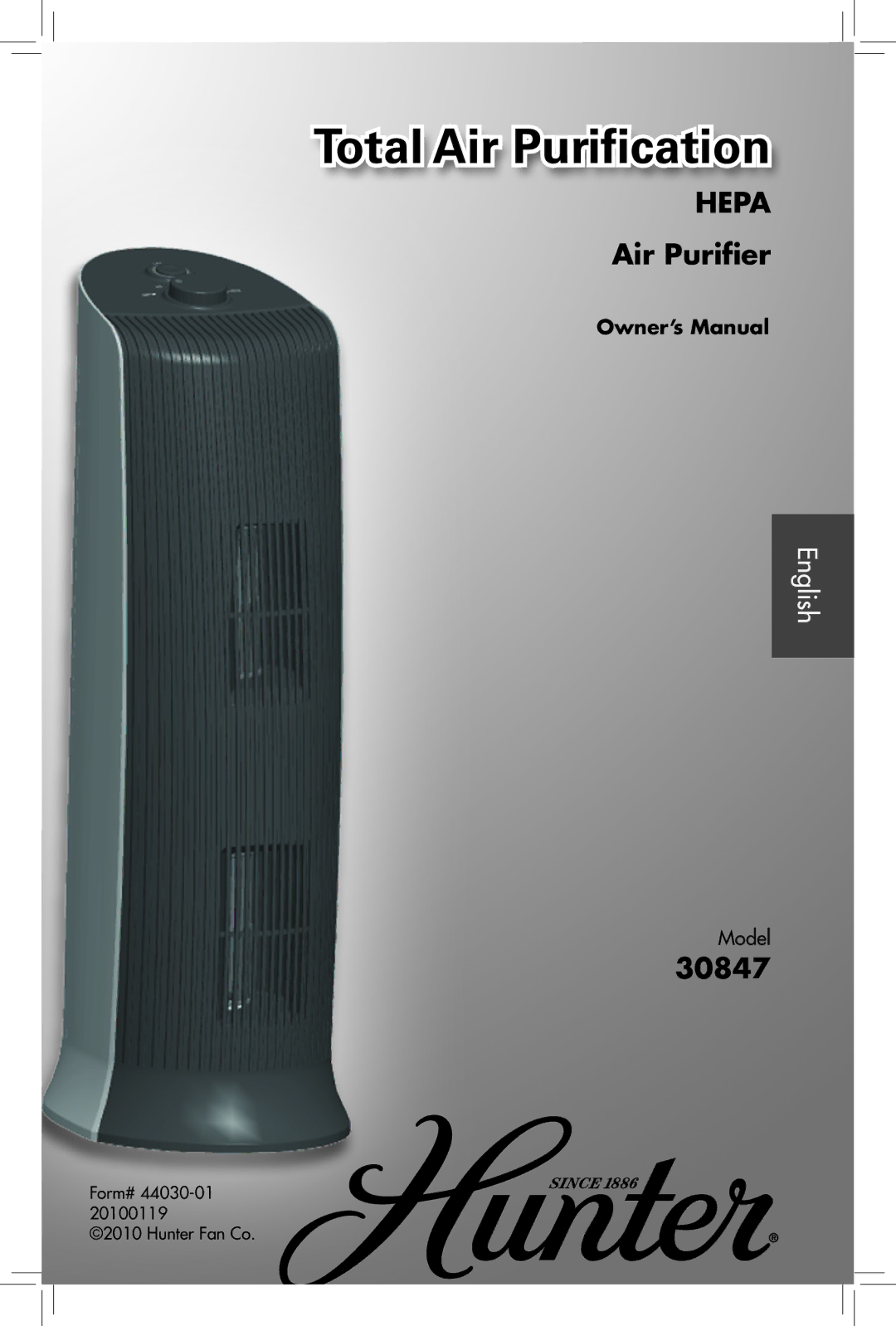 Hunter Fan 30847, 44030-01 owner manual Total Air Purification 