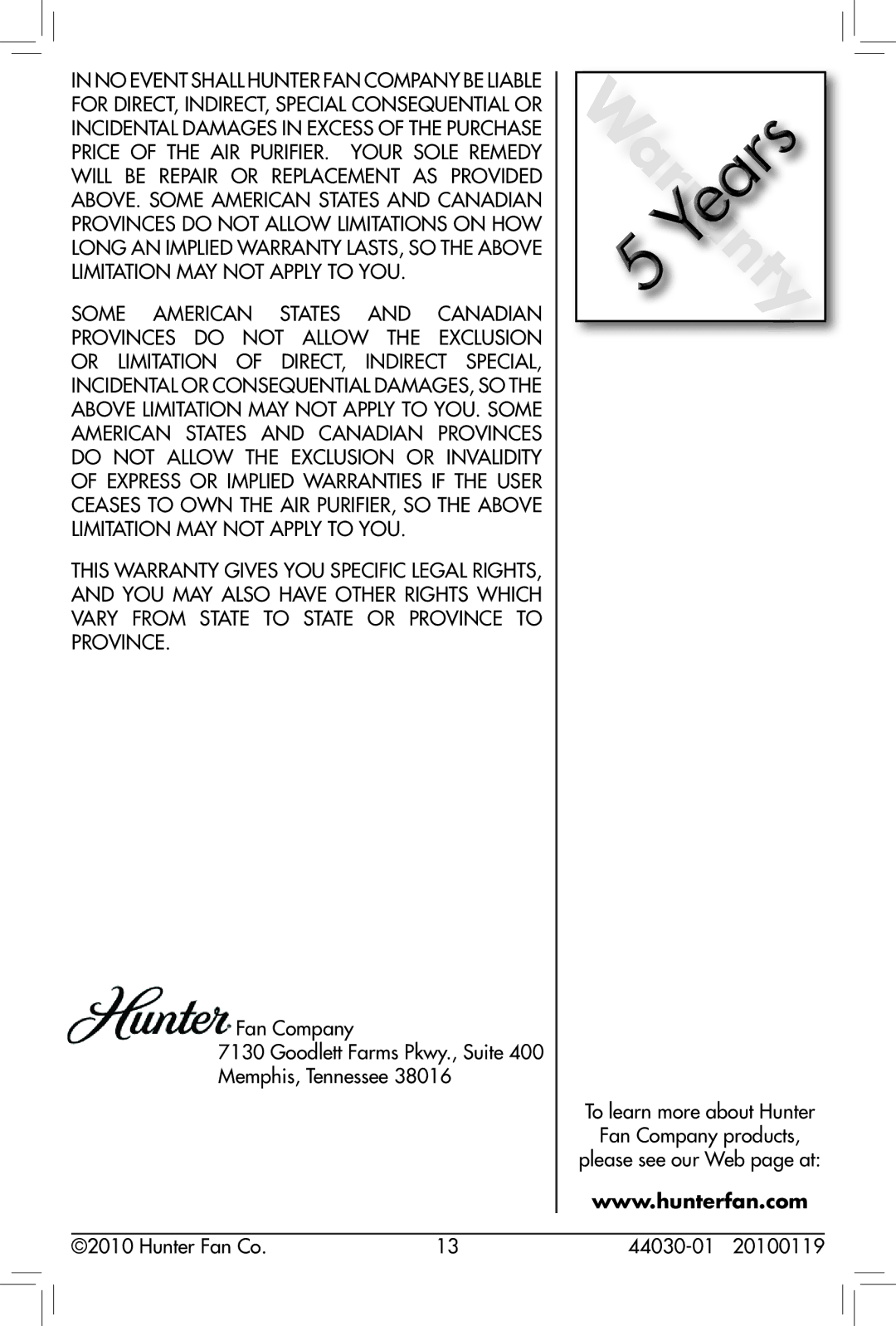 Hunter Fan 30847, 44030-01 owner manual 