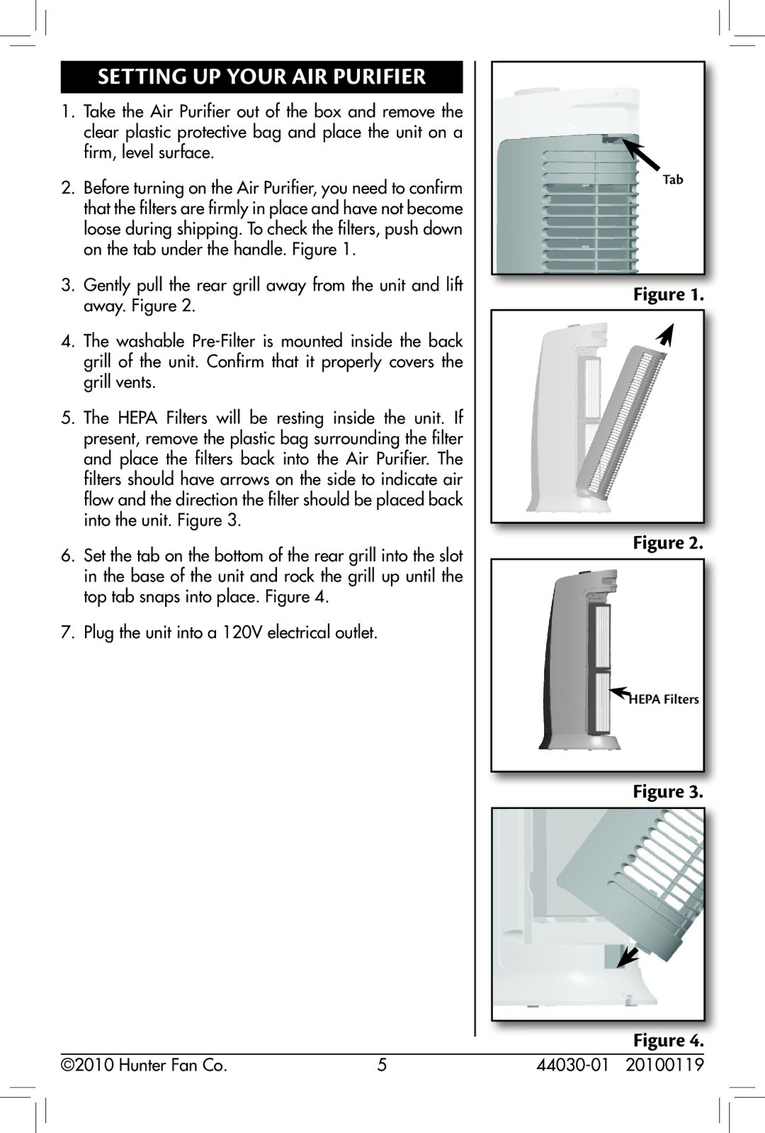 Hunter Fan 30847, 44030-01 owner manual Setting Up Your Air Purifier 