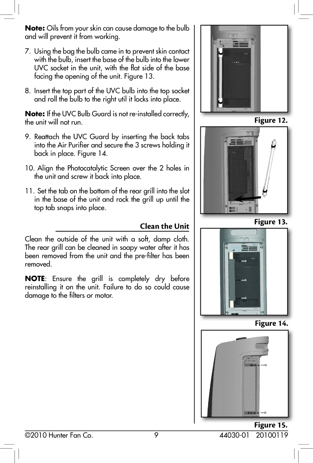 Hunter Fan 30847, 44030-01 owner manual Clean the Unit 