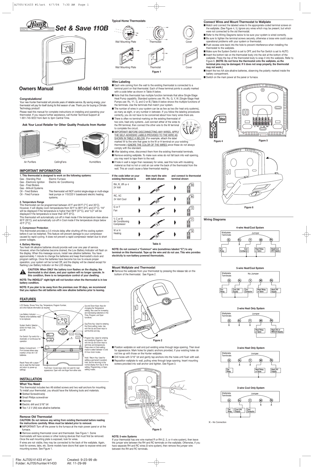 Hunter Fan 44110B owner manual Congratulations, Typical Home Thermostats, Wire Labeling, Mount Wallplate and Thermostat 