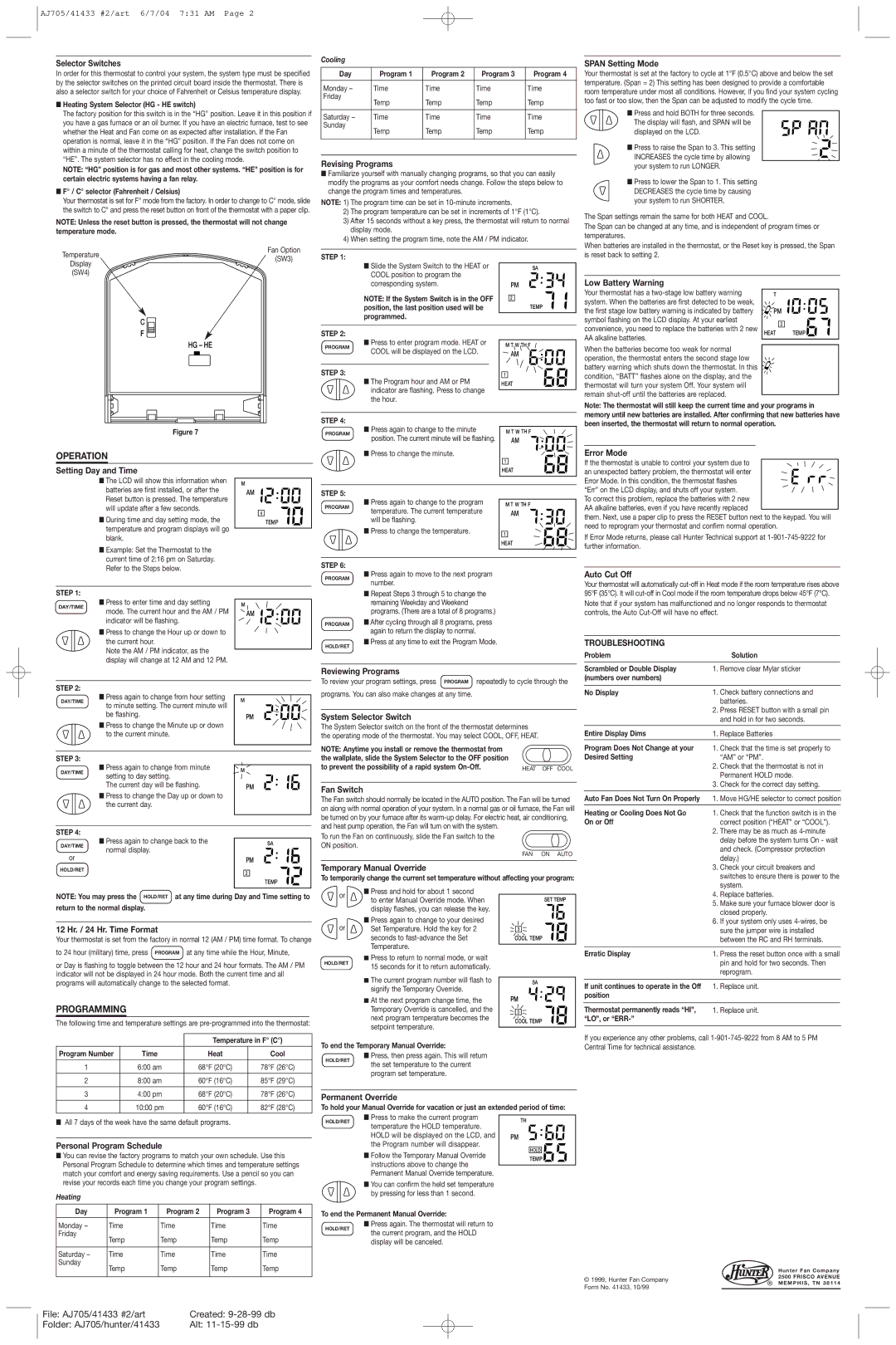 Hunter Fan 44110B Selector Switches, Setting Day and Time, Revising Programs, Reviewing Programs, System Selector Switch 