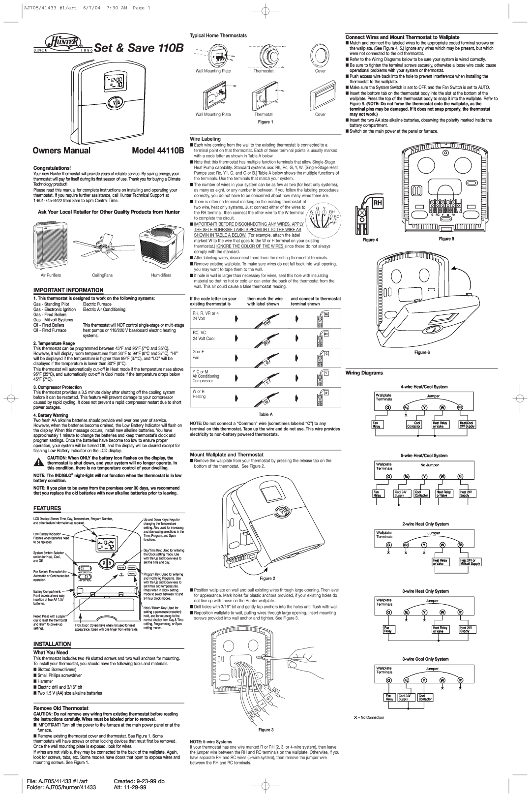Hunter Fan 44110B owner manual Important Information, Features, Installation, File AJ705/41433 #1/art, Created 9-23-99 db 