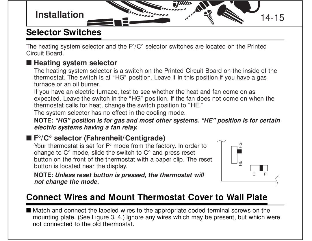 Hunter Fan 44150 manual 14-15, Selector Switches, Connect Wires and Mount Thermostat Cover to Wall Plate 