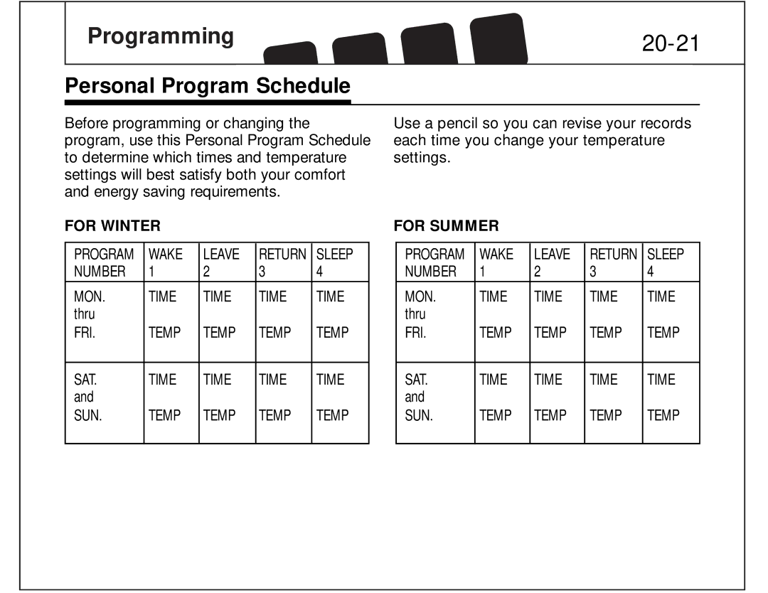 Hunter Fan 44150 manual Programming 20-21, Personal Program Schedule 