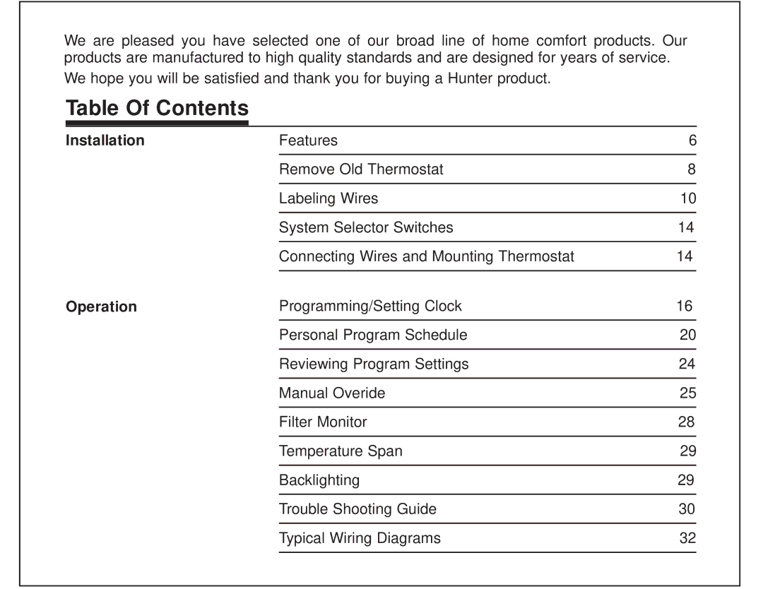 Hunter Fan 44150 manual Table Of Contents 