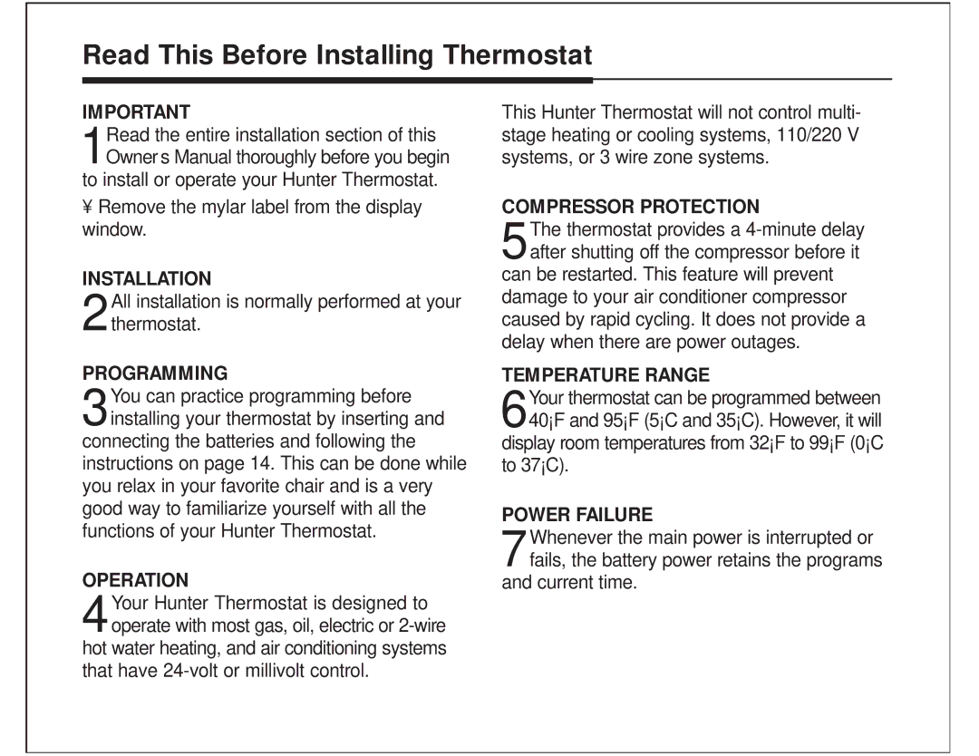 Hunter Fan 44150 manual Read This Before Installing Thermostat, Programming 