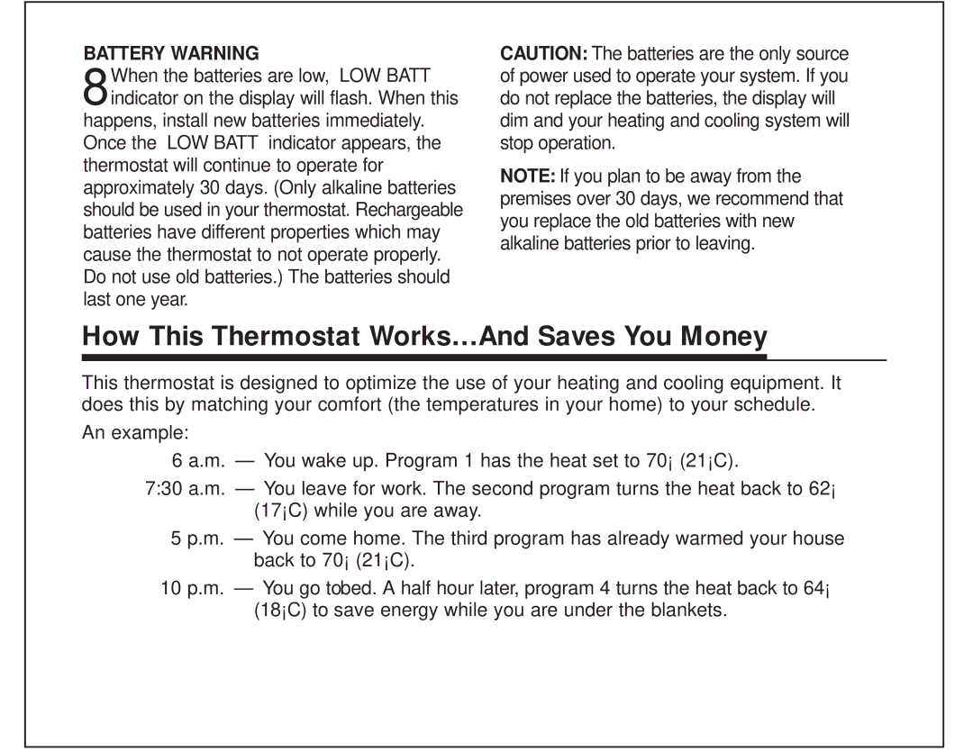 Hunter Fan 44150 manual How This Thermostat Works…And Saves You Money, Battery Warning 