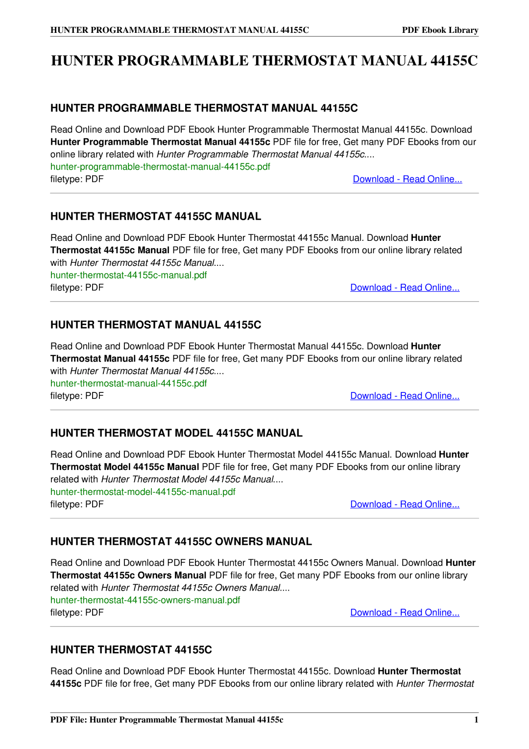 Hunter Fan owner manual Hunter Programmable Thermostat Manual 44155C, Hunter Thermostat 44155C Manual 