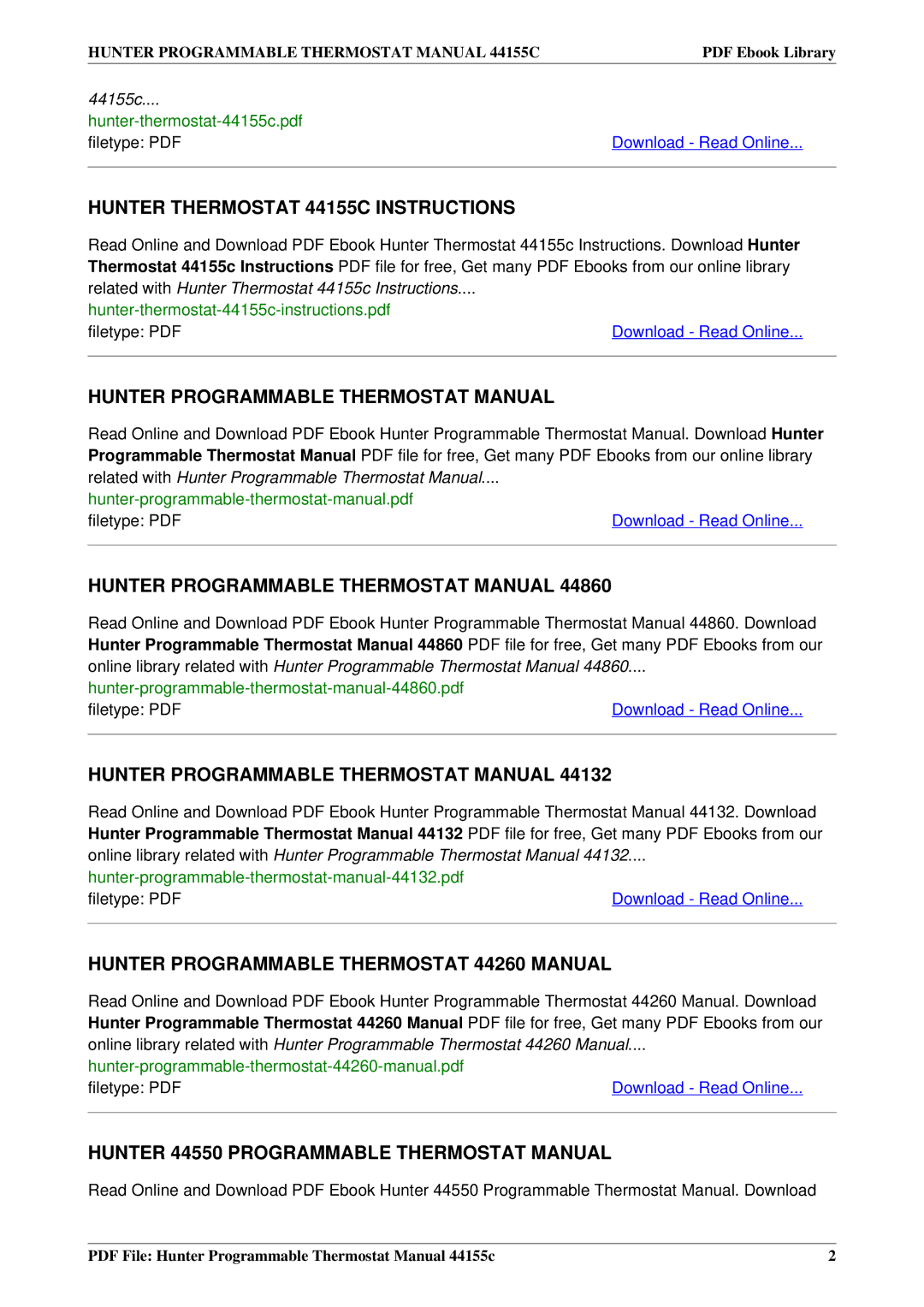 Hunter Fan owner manual Hunter Thermostat 44155C Instructions, Hunter Programmable Thermostat Manual 