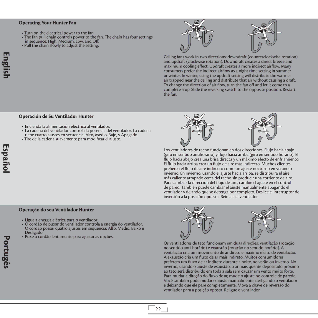 Hunter Fan 44270 Operating Your Hunter Fan, Operación de Su Ventilador Hunter, Operação do seu Ventilador Hunter 