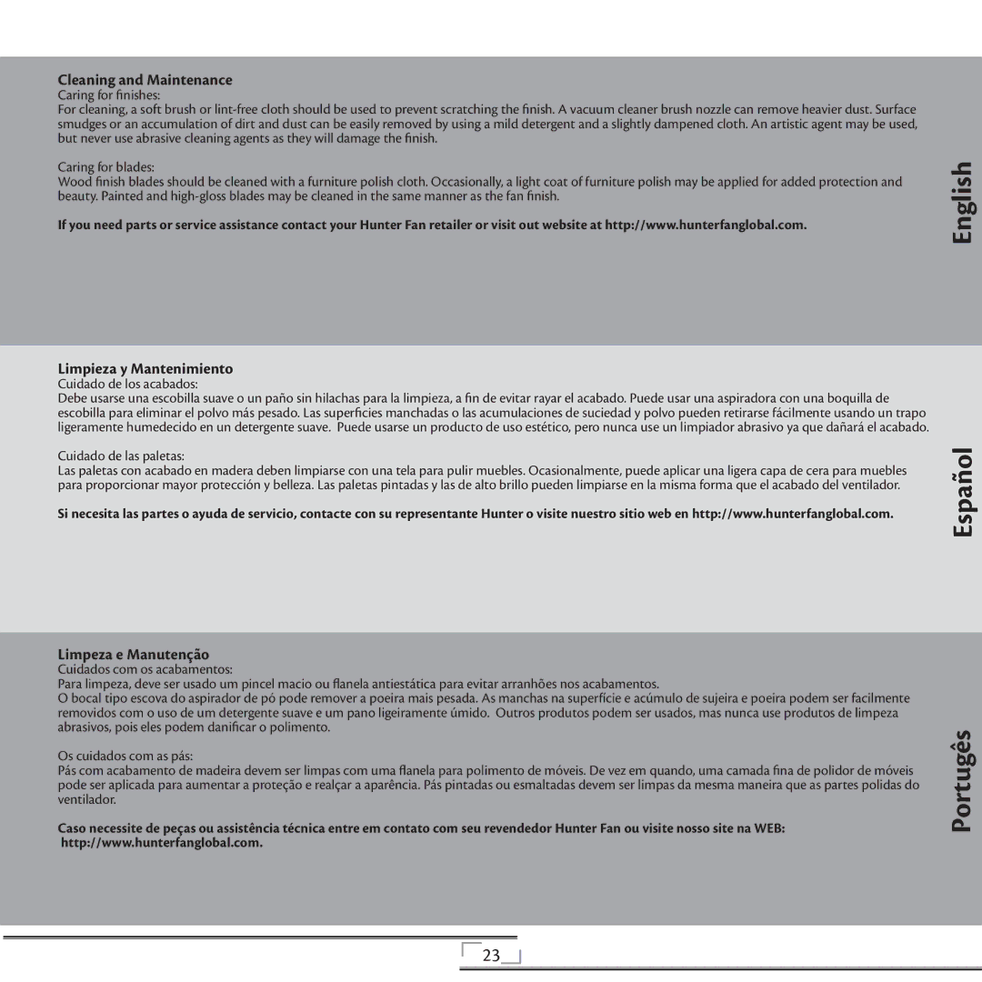 Hunter Fan 44270 installation manual Cleaning and Maintenance, Limpieza y Mantenimiento, Limpeza e Manutenção 