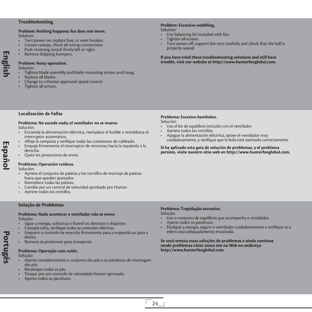 Hunter Fan 44270 installation manual Troubleshooting, Localización de Fallas, Solução de Problemas 