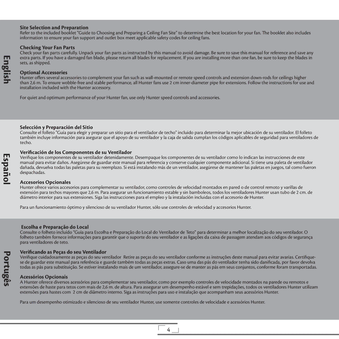 Hunter Fan 44270 Site Selection and Preparation, Checking Your Fan Parts, Optional Accessories, Accesorios Opcionales 