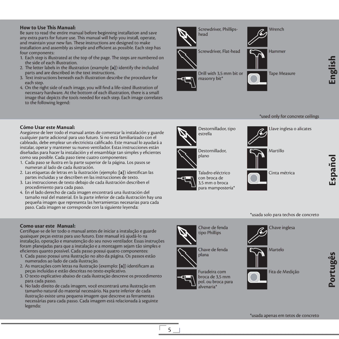 Hunter Fan 44270 installation manual How to Use This Manual, Cómo Usar este Manual, Como usar este Manual 