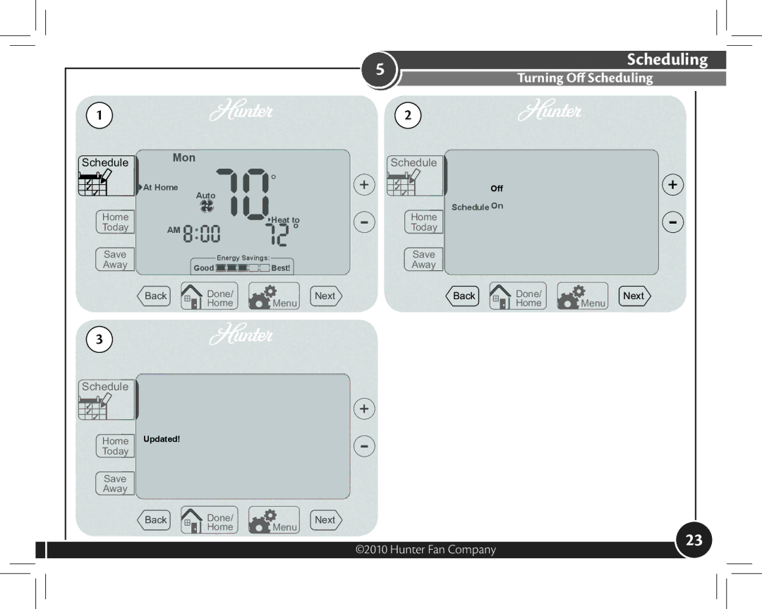 Hunter Fan 44377, 44372 owner manual At Home Auto Off Schedule On 