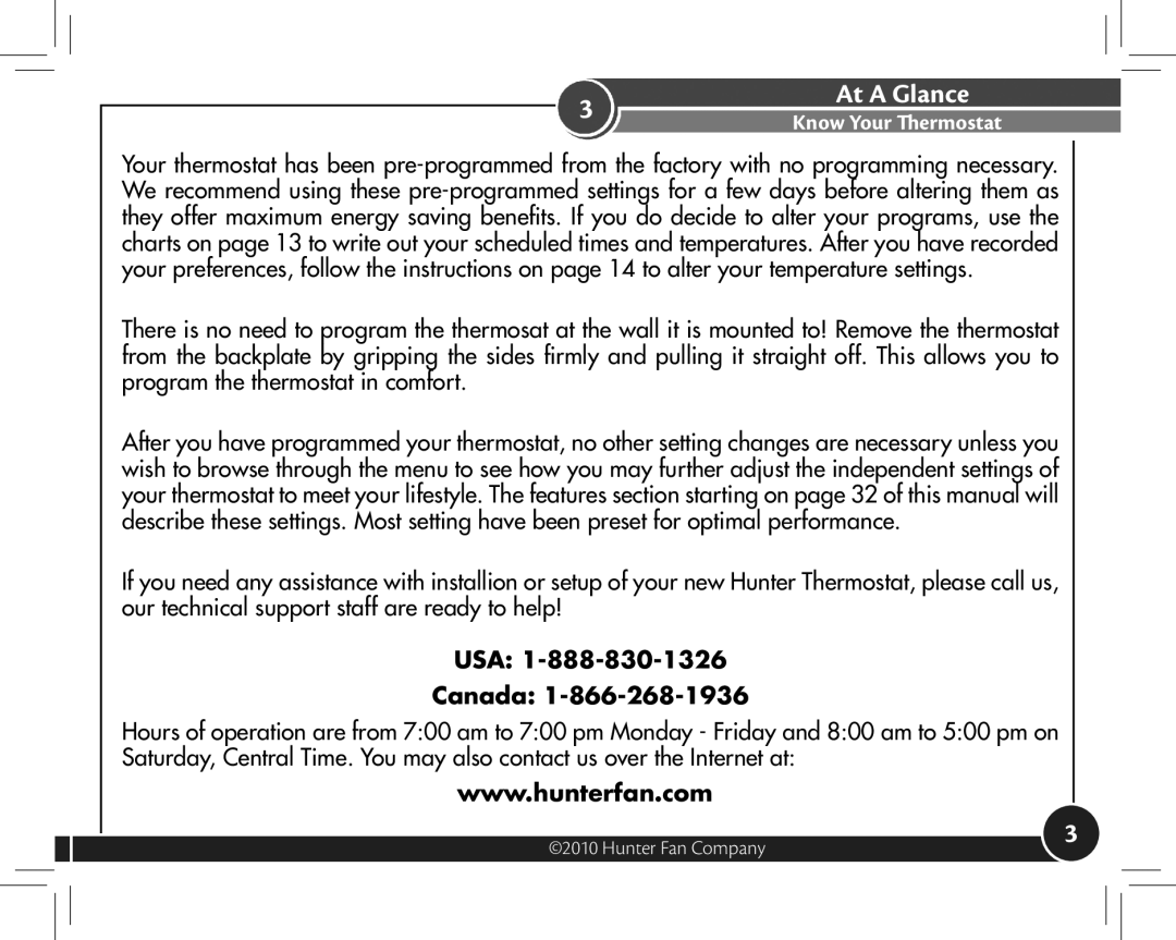 Hunter Fan 44377, 44372 owner manual At a Glance, Know Your Thermostat 