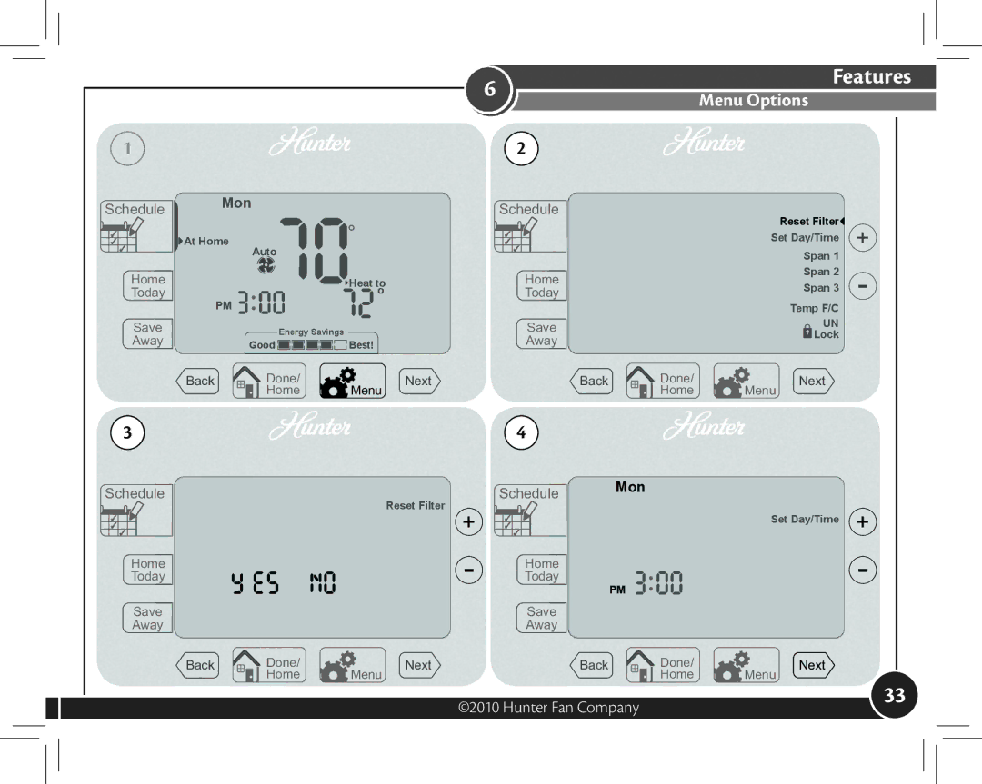 Hunter Fan 44377, 44372 owner manual Menu Options 