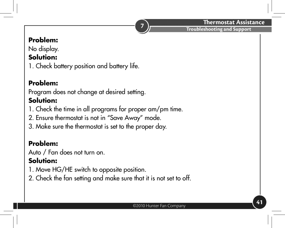 Hunter Fan 44377, 44372 owner manual Thermostat Assistance 