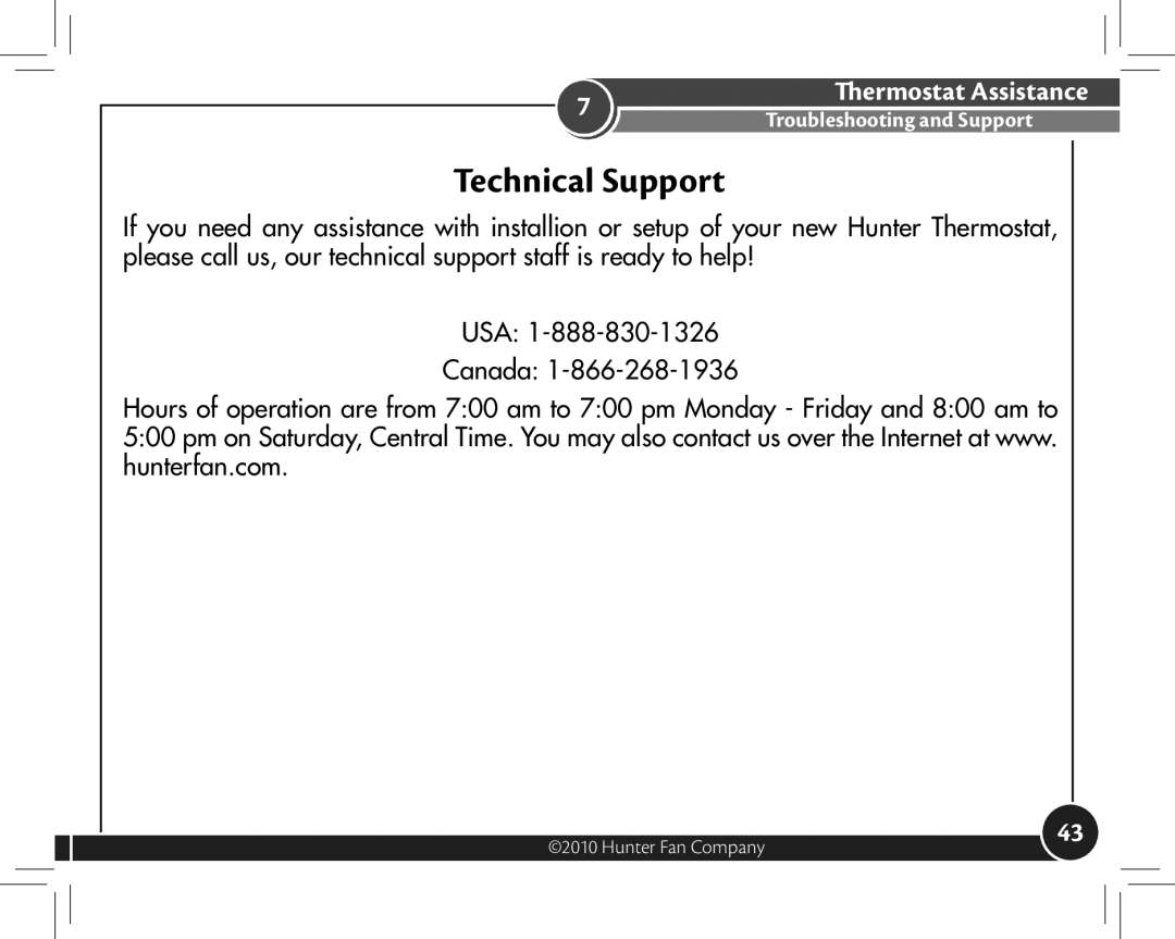 Hunter Fan 44377, 44372 owner manual Technical Support 