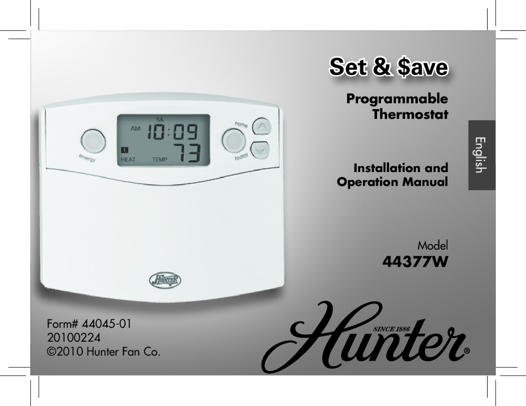 Hunter Fan 44377W operation manual Set & $ave 