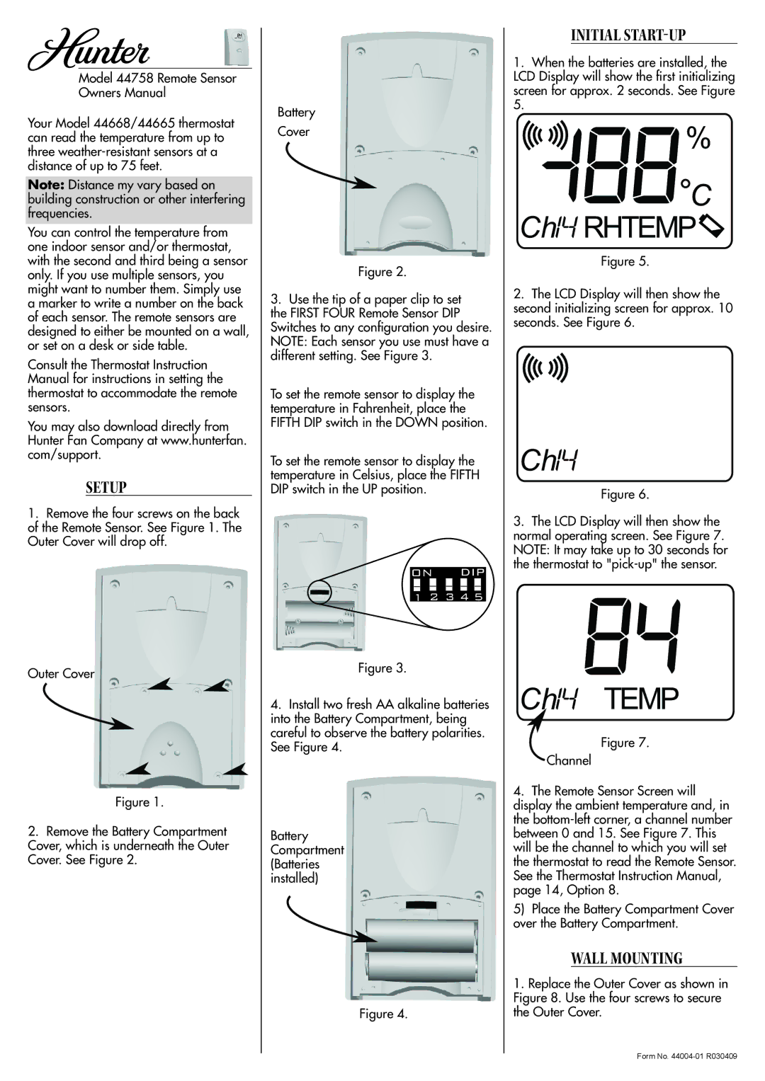 Hunter Fan 44665 instruction manual Ch Rhtemp, Ch Temp, Setup, Initial Start-Up, Wall Mounting 