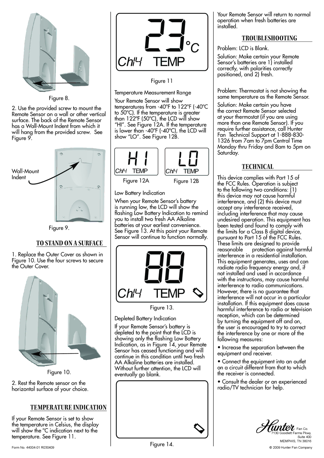 Hunter Fan 44665 instruction manual To Stand on a Surface, Temperature Indication, Troubleshooting, Technical 