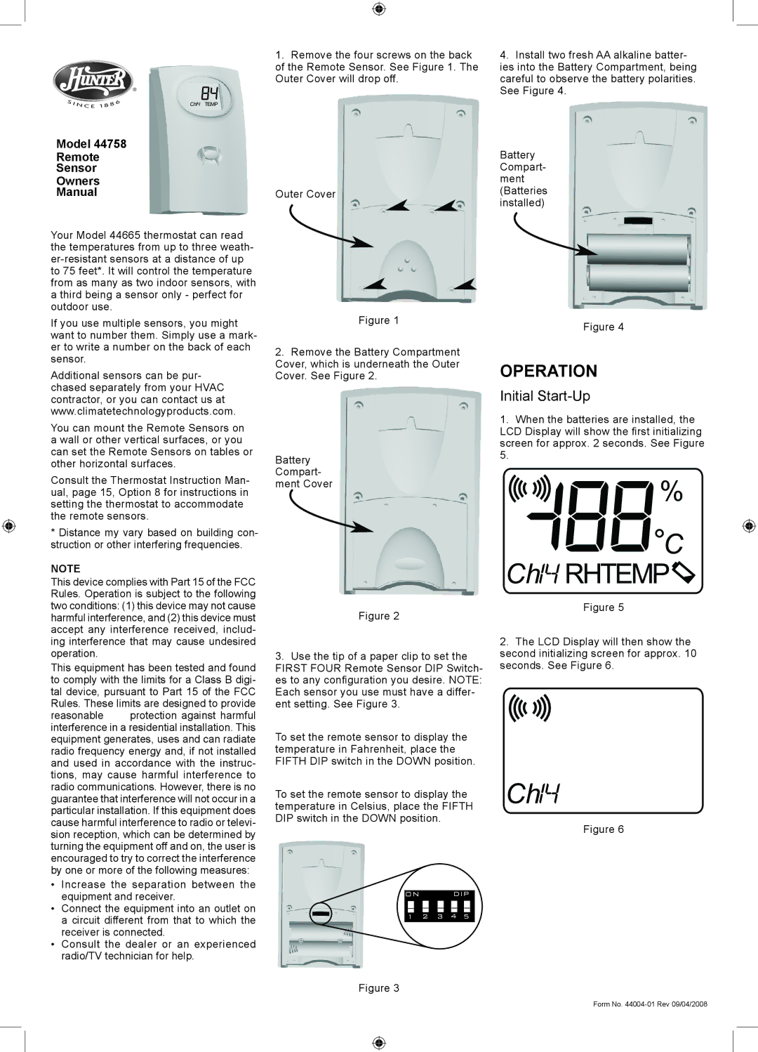 Hunter Fan 44758 owner manual Ch Rhtemp, Initial Start-Up 