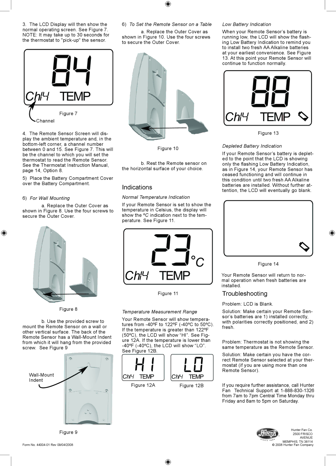 Hunter Fan 44758 owner manual Ch Temp, Indications, Troubleshooting 